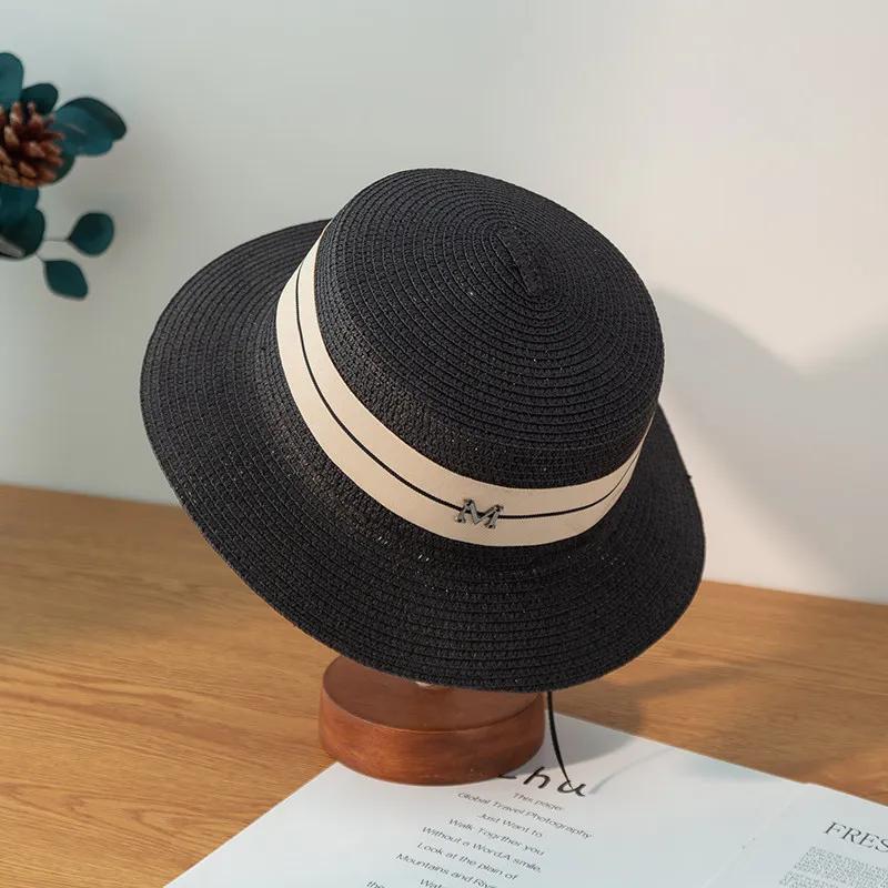 Neue Buchstaben Bestickte Damen Strohhüte Panama Breitkrempiger Jazzhut Sommerhut Damen Sonnenhut Schlichter Flachkopfhut