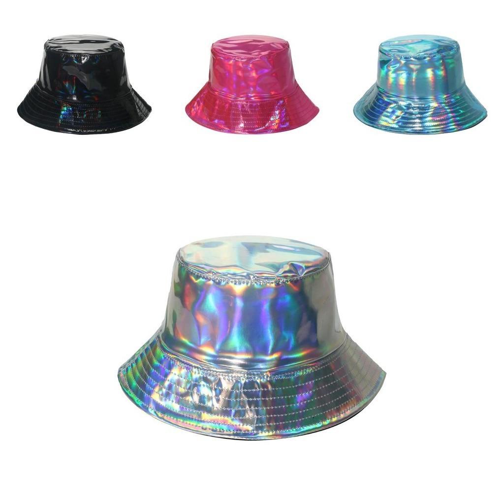 Stilvoller Hip-Hop Street Laser Metall PU Fischerhut für Männer Frauen Bühnenauftritt
