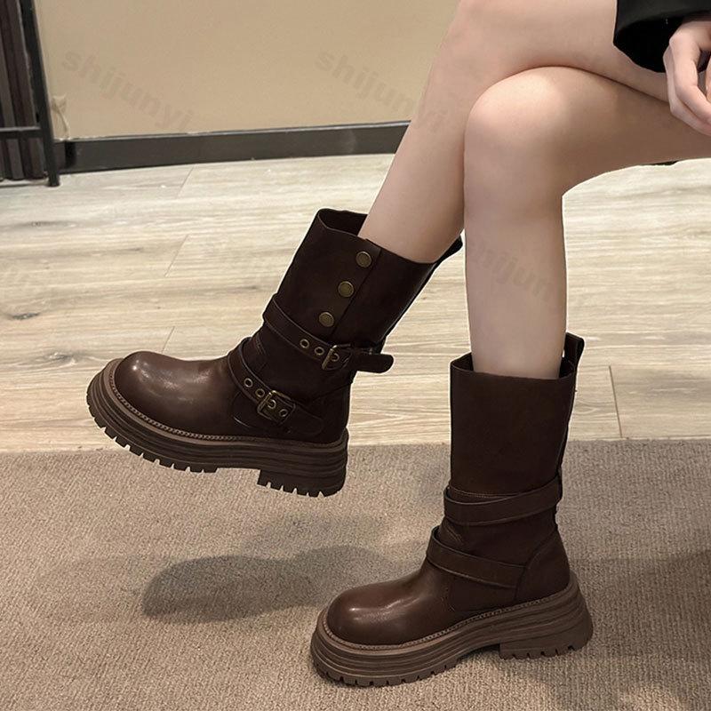 Women Boots Autumn New Fashion Retro Round Toe Platform Buckle Female Ankle Boot Synthetic Leather Outdoor Anti Slip Botas Mujer