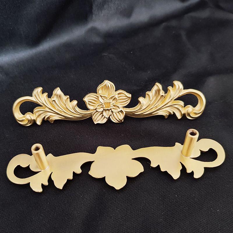 1Pcs Brass Drawer Handle, Patterned Flower Bar Handles, Vintage European Style, Hand-held Closet Door Pulls