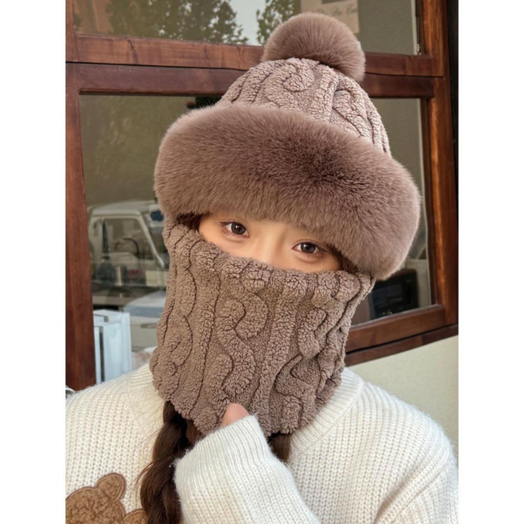 Hat, Neck, One Piece Women's Winter with Thick Velvet Riding Windproof and Cold Proof Electric Car Warm Hoodie