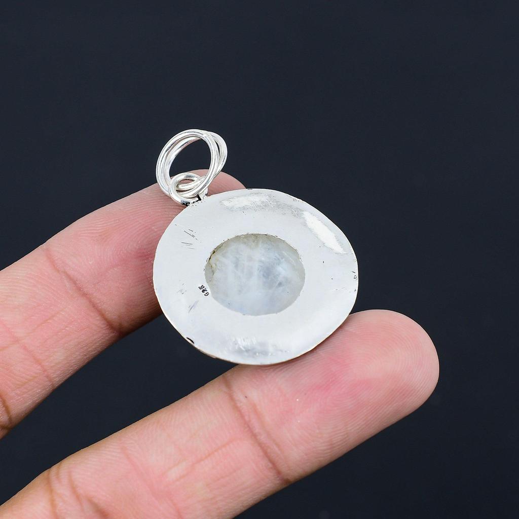 Mothers day Sale Rainbow Moonstone Stone 925 Sterling Silver Bezel Wife Pendant