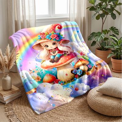 Fairy On Mushroom with Rainbow Theme Blanket Lightweight Warm Flannel Blanket Decorative Throw Blanket for Home Decoration