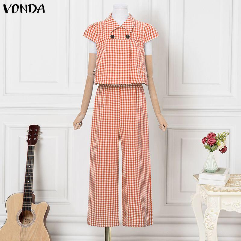 VONDA Two Picecs Sets Women Plaid Print Short Sleeve Blouse and Pants Casual Outfits