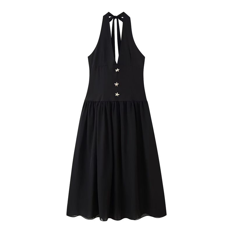 

Kaslead New Arrival Women s Clothing Fashion Style Fashion Silm Hanging Collar Long Patchwork Dress Black L