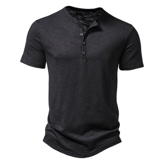 Men Summer T-shirt Solid Color Pullover Buttons O Neck Short Sleeves Daily Wear Thin Mid Length Breathable Men Top Men Clothes