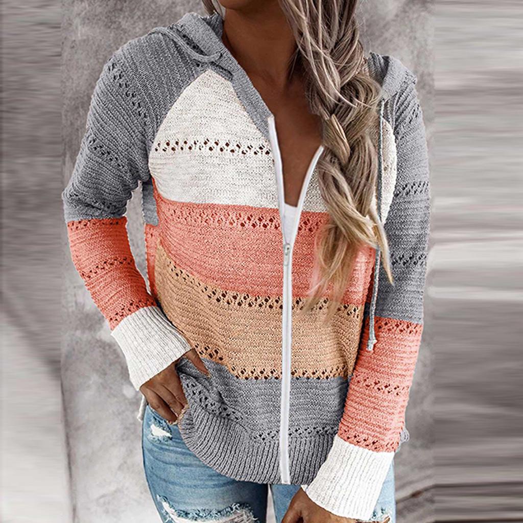 Fashion Women Casual Patchwork Long Sleeves Hooded Sweater Cardigan Blouse Tops