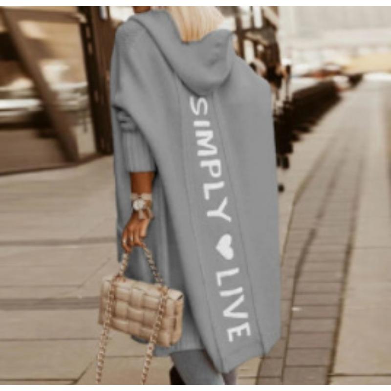 Autumn and Winter Women's Sweater Cardigan Lapel Hooded Long Letter Loose No Buttons Knit Cardigan