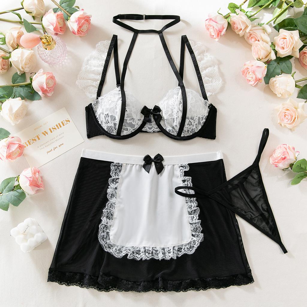 Sexy Perspective Lingerie Bow Neck Lace Contrasting Bra Set Cosplay Maid Outfit