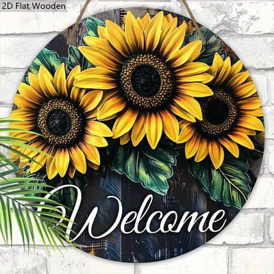 Letrero de Bienvenida Rústico de Madera con Patrón de Girasoles - Encantadora Placa Decorativa - Ideal para Casa de Campo, Decoración de Puerta Principal - Decoración para Fiestas
