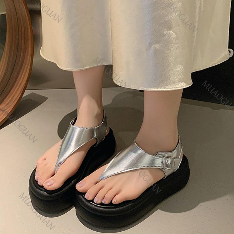 Fashion Thick Bottom Flip Flops Roman Sandals Fashion Women Summer Shoes Black Sliver 7cm High Heels Platform Buckle Sandalias De Mujer