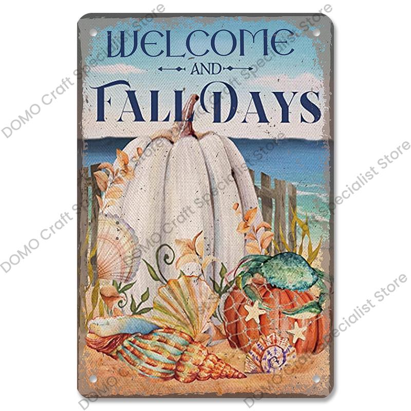 Welcome Poster Metal Plate Vintage Pumpkin Sunflower Bird Metal Tin Signs Wall Decor Garden Door Cafe Party