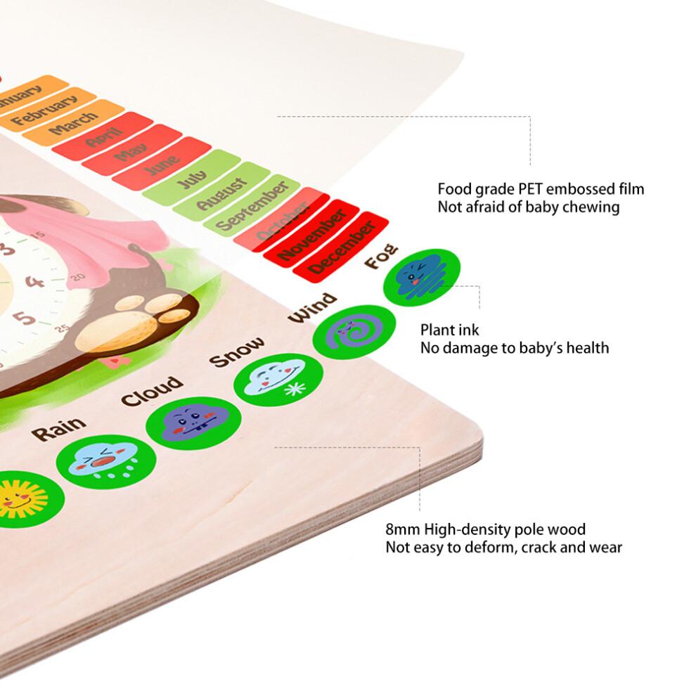 Kids Calendar Board Wooden Clock Toy Time Date