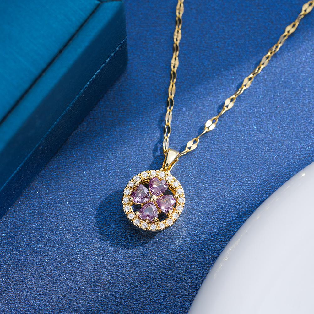 European & Korean Women s 360-Degree Rotating Zirconia Flower Pendant Titanium Steel Necklace