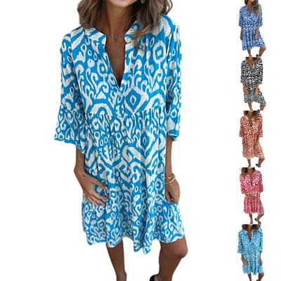 Women's Fashionable V-neck Fresh Printed Temperament Five Quarter Sleeve Dress