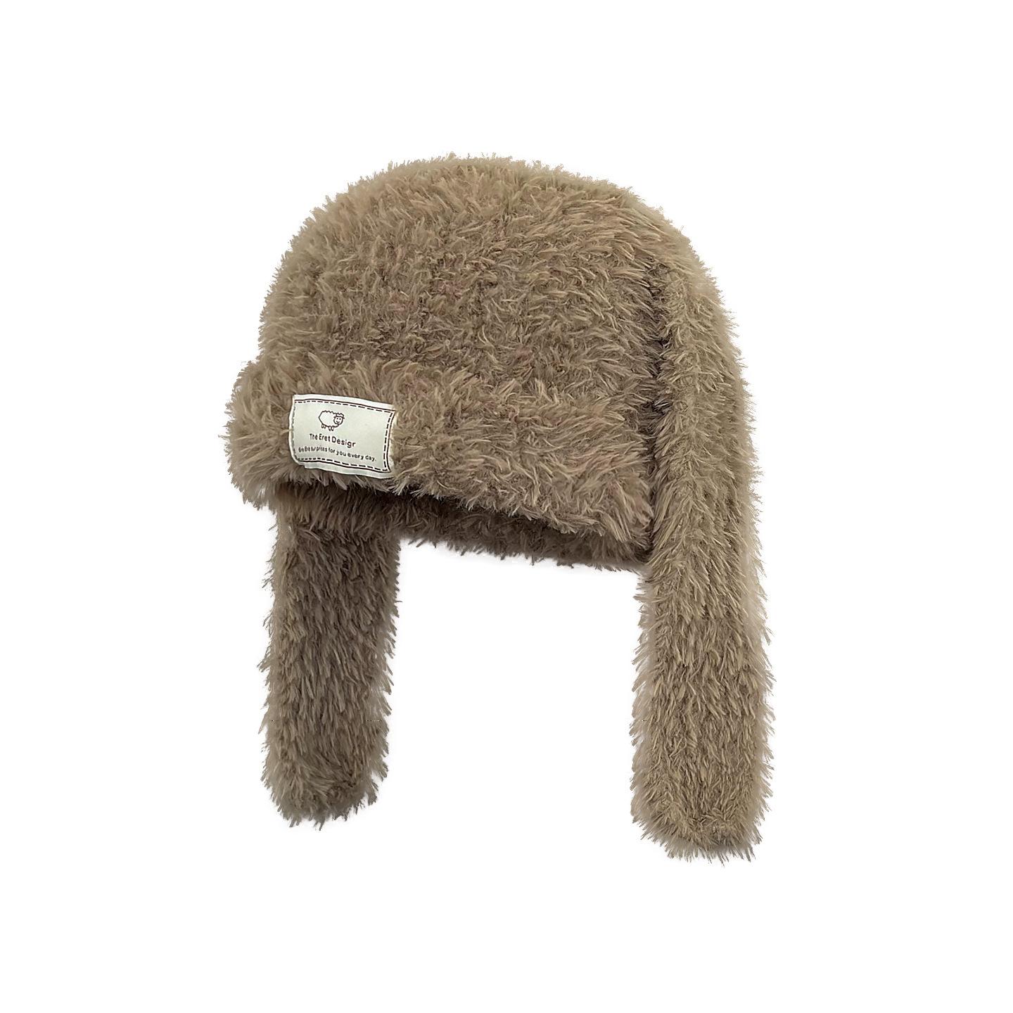 Plush long-eared rabbit wool hat, new big head circumference knitted hat, Japanese cute pullover hat, cold hat in stock.