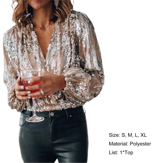 Lente Blouse V-hals Lantaarnmouw Polyester Dames Lente Glitters Blouse voor