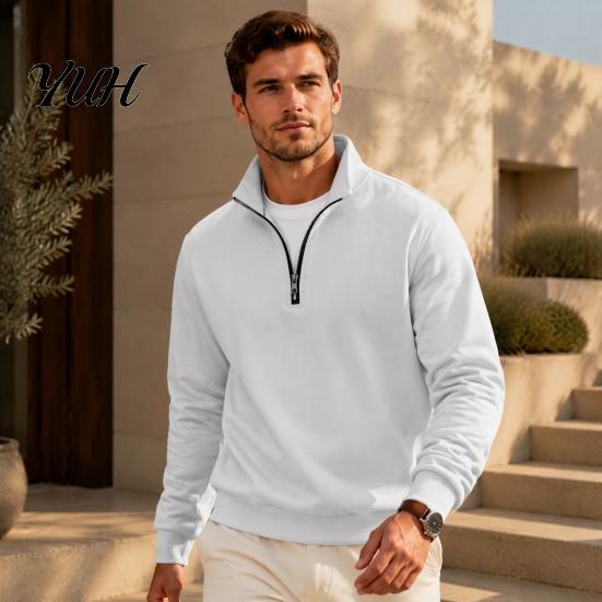 Outdoor Fitness Clothing Mens Quarter Zip Sweatshirt, Stand Collar Athletic Fleece Pullover, Ribbed Hem Cuffs, Lightweight Fall Sweatshirt Long Sleeve