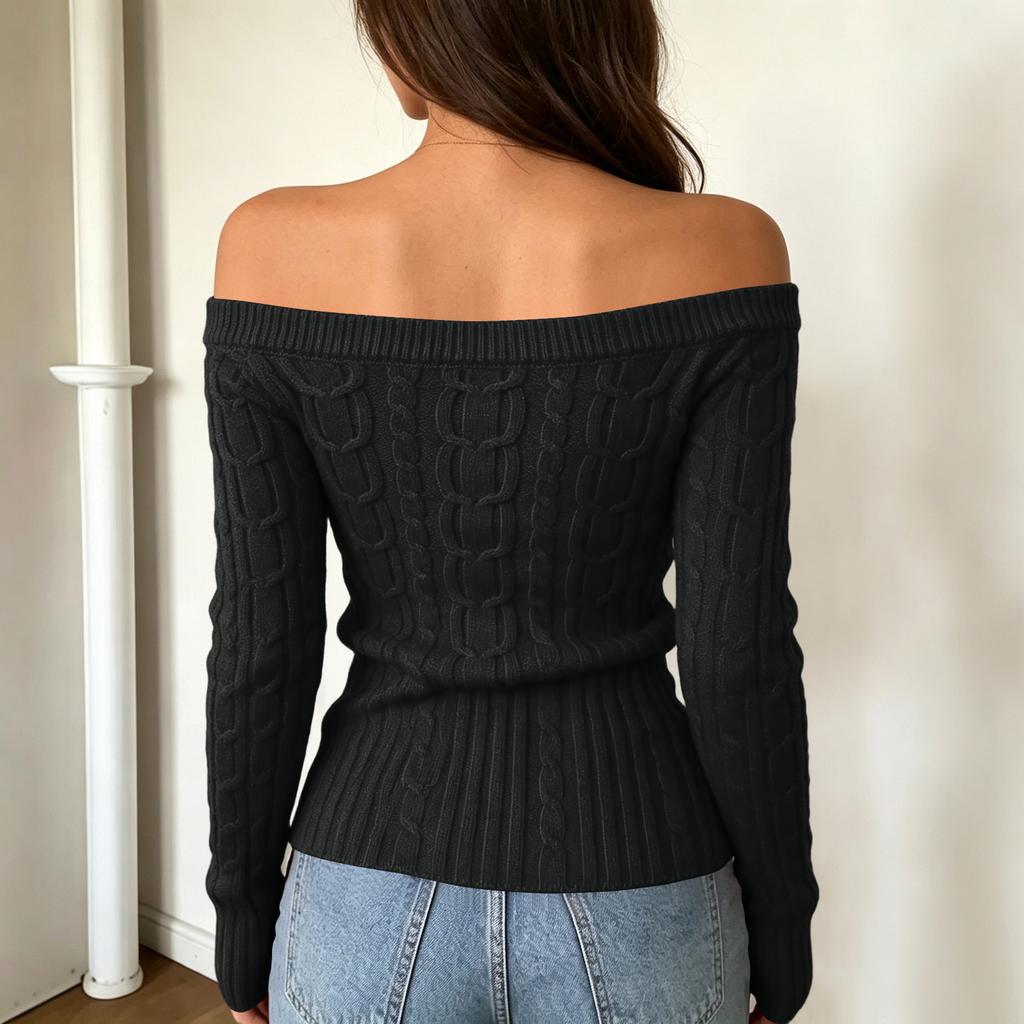 Women's Casual Off-Shoulder Cable Knit Long Sleeve Sweater