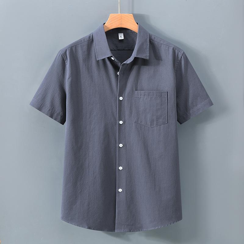 Korean Mens Short Sleeve Shirt Daily Summer Tops Pocket Solid Color Turn-down Collar 100Cotton Casual Shirts Simple Style Clothing