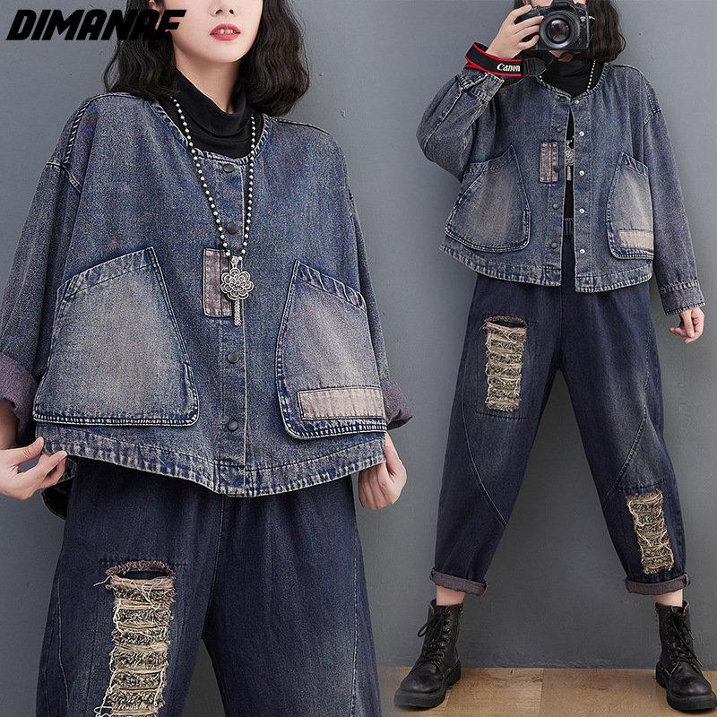 DIMANAF 2024 Neue Übergrößenjacke O-Ausschnitt Mäntel Damen Einfarbige Mäntel Lässig Herbst Lose Denim Baumwollknöpfe Übergröße Kurze Jacke