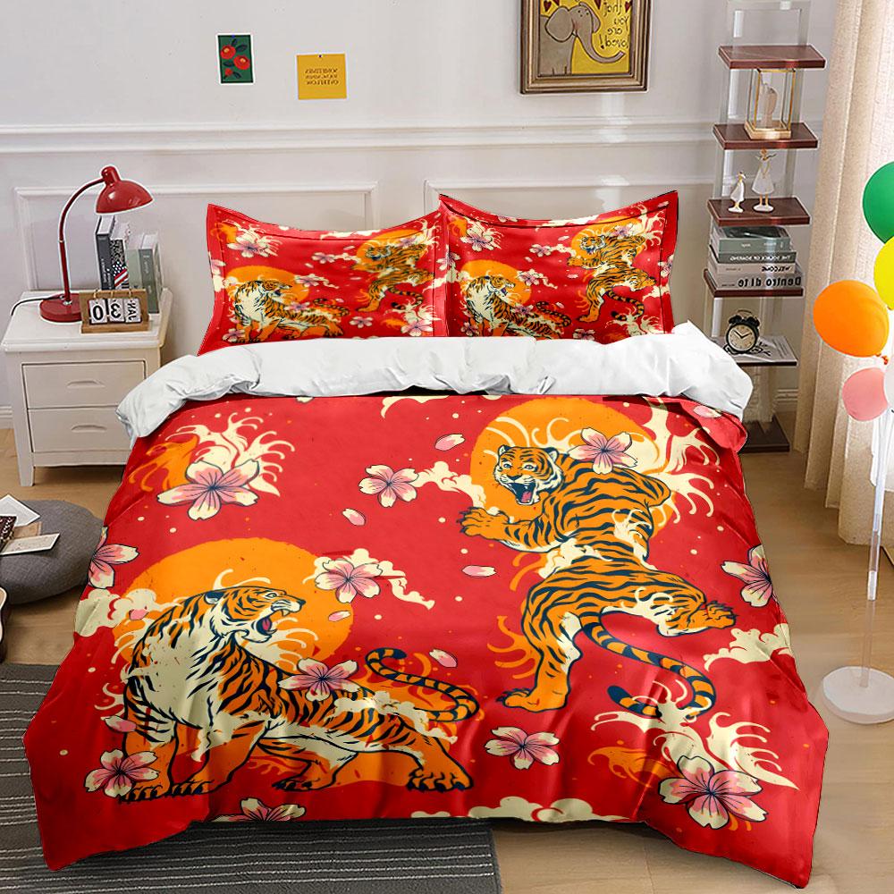 Grosstor Unisex Tigers With Cherry Blossoms And Rising Sun Printed Duvet Cover Set1 Duvet Cover+2 Pillowcasemulti Size Bedroom Bedding Decor