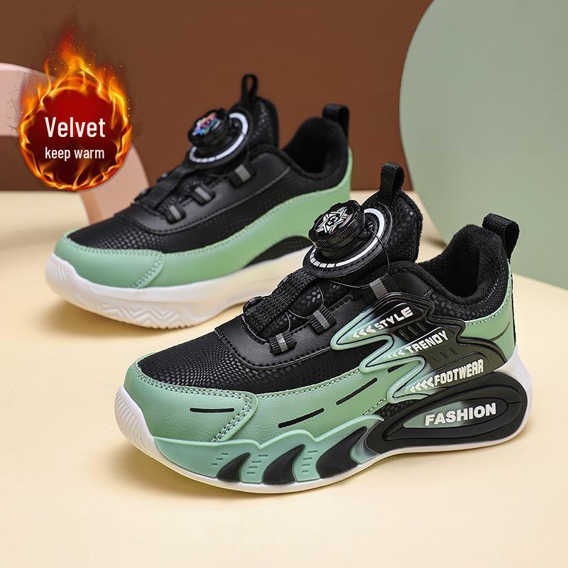 Boys' Winter 2025 Cotton & Velvet Warm Leather Running Shoes