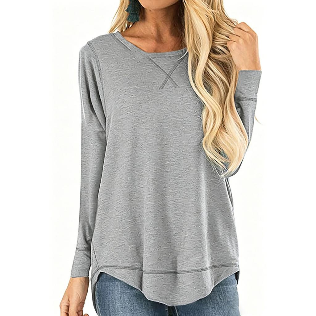 Women's Casual Long Sleeve T Shirt Loose Fit Crew Neck Irregular Hem Front Short Back Long Lightweight Pullover Top