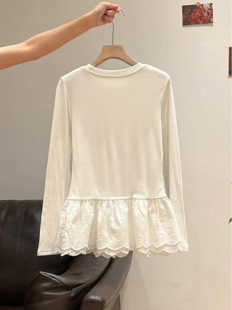 Lace Trim Plush Long-Sleeve Top for Autumn/Winter: Slimming, Stylish, and Versatile
