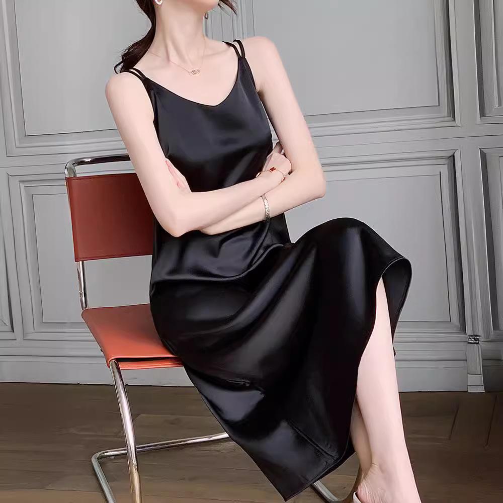

2025 French Black Slip Dress: Satin Texture, Slimming, Summer Design 2XL [130-140 lbs]