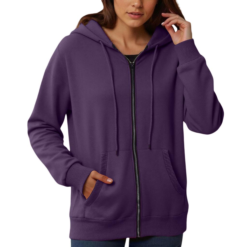 Women's Loose And Comfortable Zipper V-neck Long Sleeved Solid Color Pullover Sweatshirt Jacket