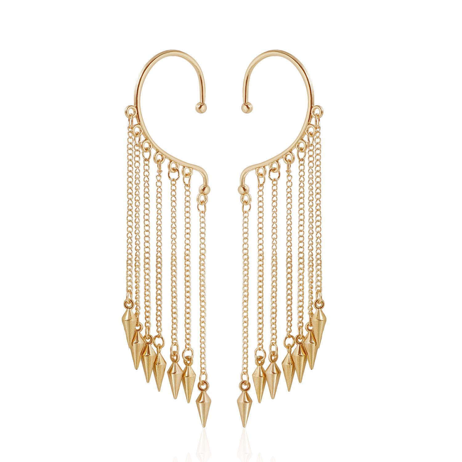 Metal fringed ear hanging without ear piercing design, sexy Spice Girl style exaggerated cone earrings золотой