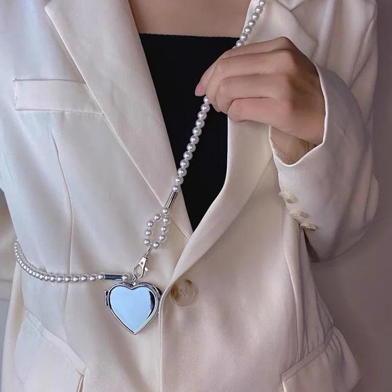 Women Creative Gifts Long Necklace Big Mirror Heart Pendant Pearl Shoudler Chain Personality Jewelry Party Accessories Decor