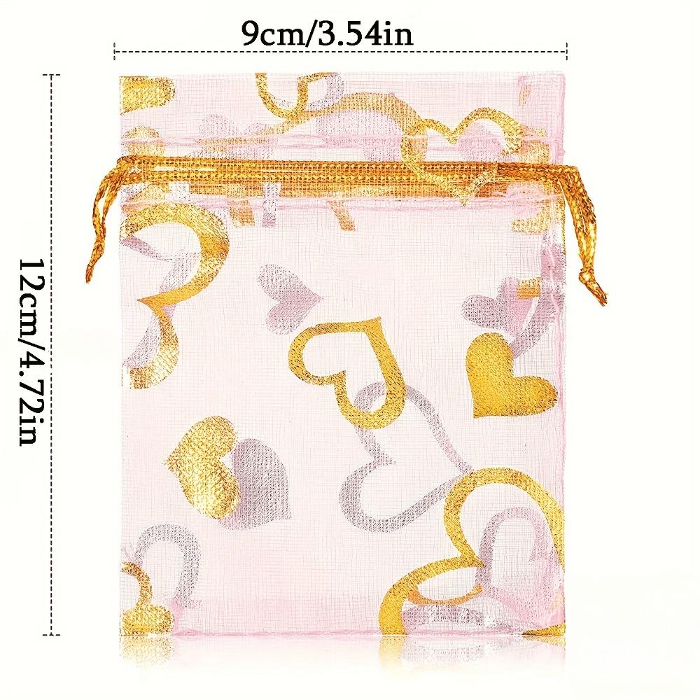50pcs Pink Heart-Shaped Printed Organza Drawstring Bags with Golden Heart 4.72x3.54 Inches Durable Reusable Gift Bags Suitable