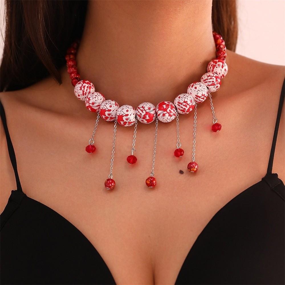 Black Rope Blood Beads Collarbone Chain Tassel Halloween Jewelry Halloween Necklace Party