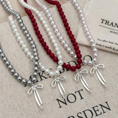 Women's 4-Color Antique Pearl Ribbon Chain Necklace