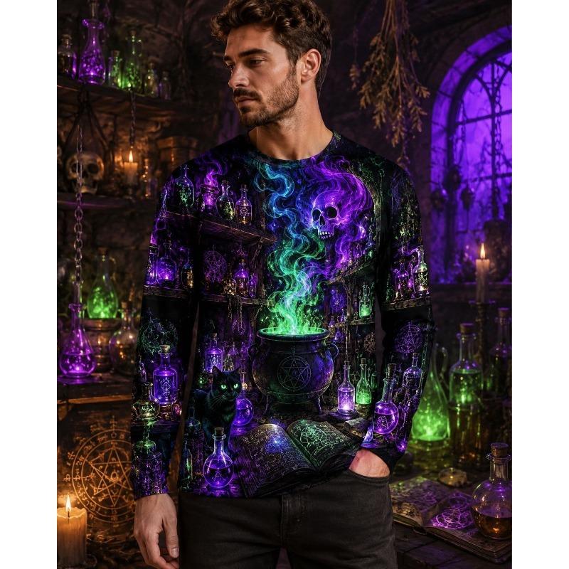 Autumn and Winter Men's 3D Printed Crew Neck Long Sleeve T-Shirt Halloween Dress Up