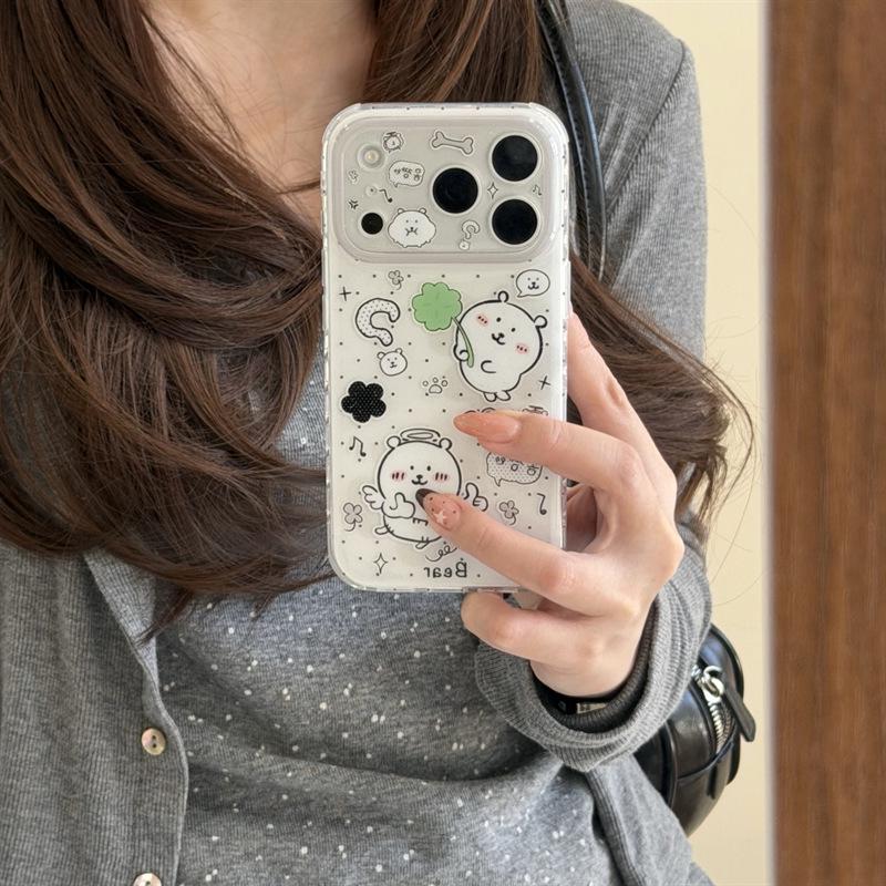 Adorable Cartoon Bear Four-Leaf Clover Phone Case for iPhone 17/16 Pro Max/15/14
