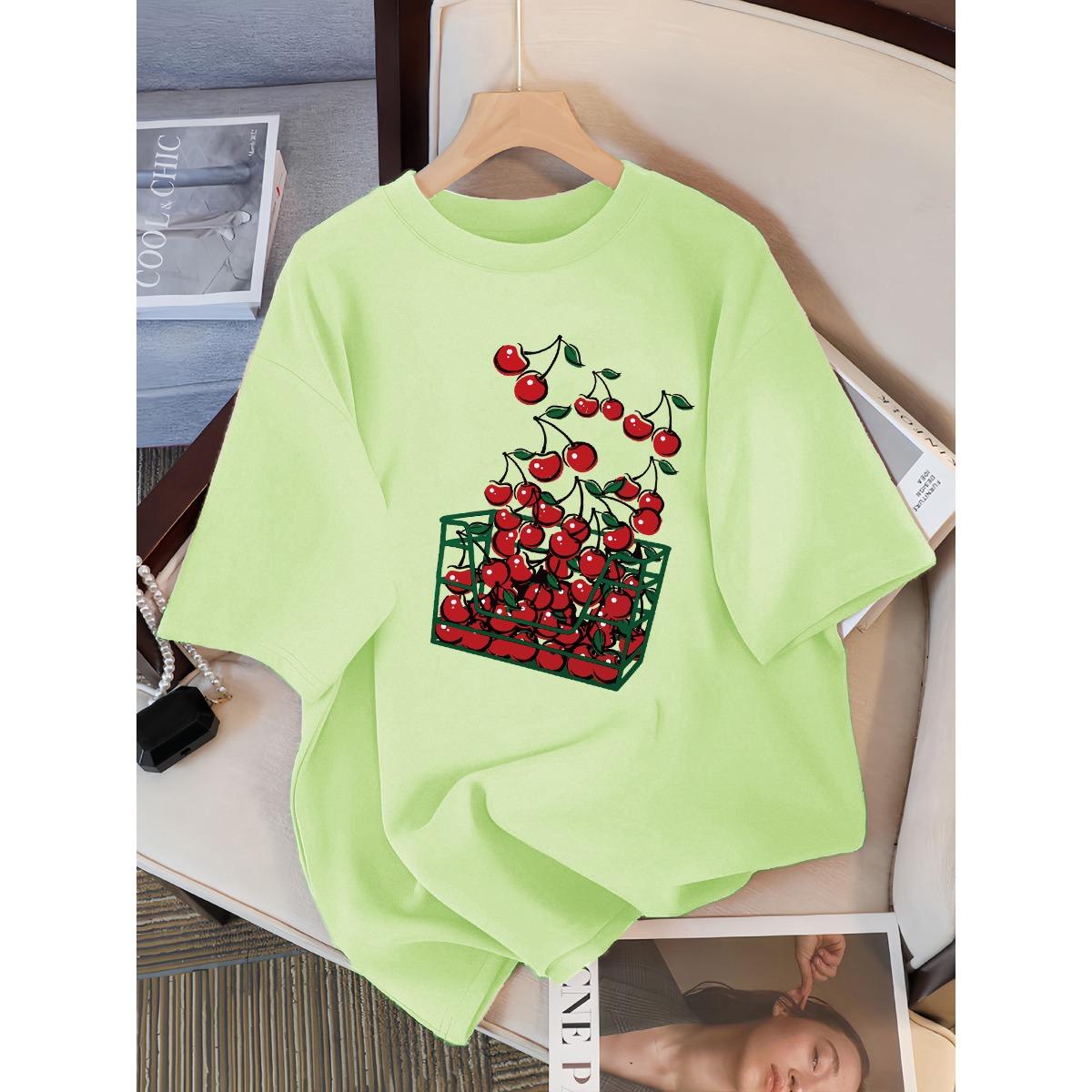 

Женская футболка с принтом вишни, дышащая повседневная футболка, летняя футболка с коротким рукавом, мягкая свободная уличная одежда для женщин M