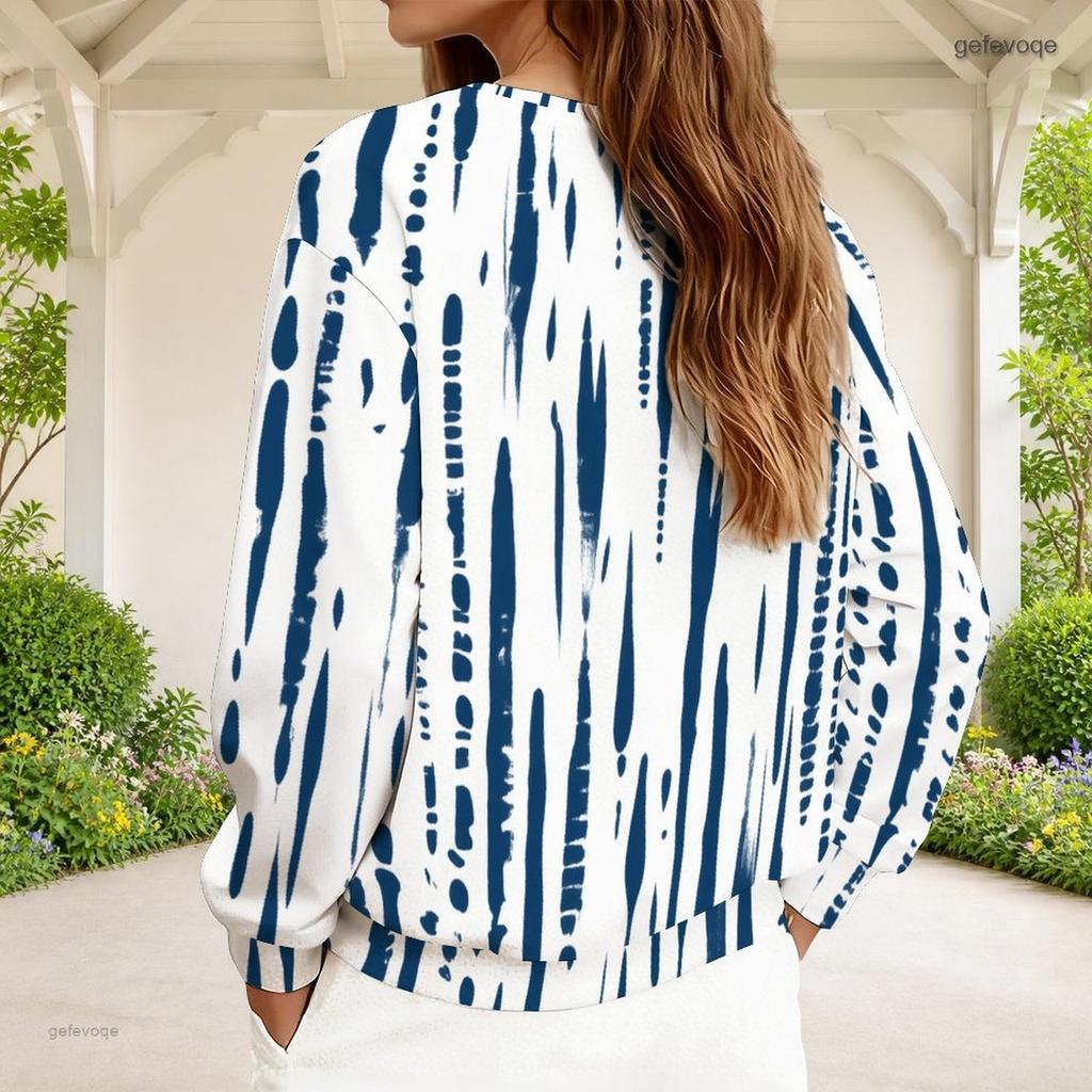 Women Plus Size V Neck Half Zip Long Sleeve Striped Printed Blue White Sweatshirt