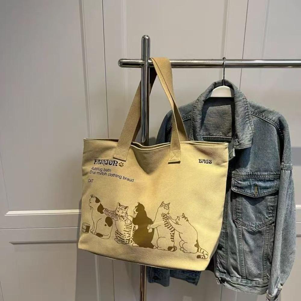 

Large Capacity Canvas Shoulder Bag Korean Style Printing Handbag Cute Printed Cat Tote Bag Daily хакі