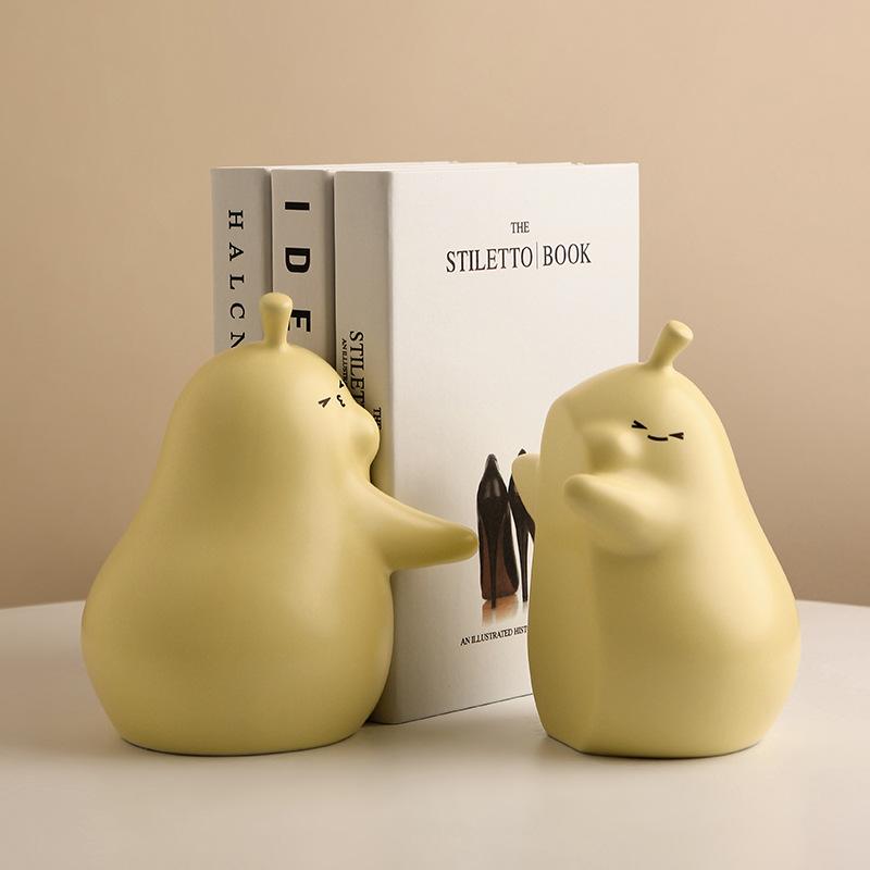 Set of 2 Cute Hugging Pear Ceramic Bookends, Heavy Duty Book Stopper for Home Office Desk Decor, Aesthetic Room Ornament , Gift