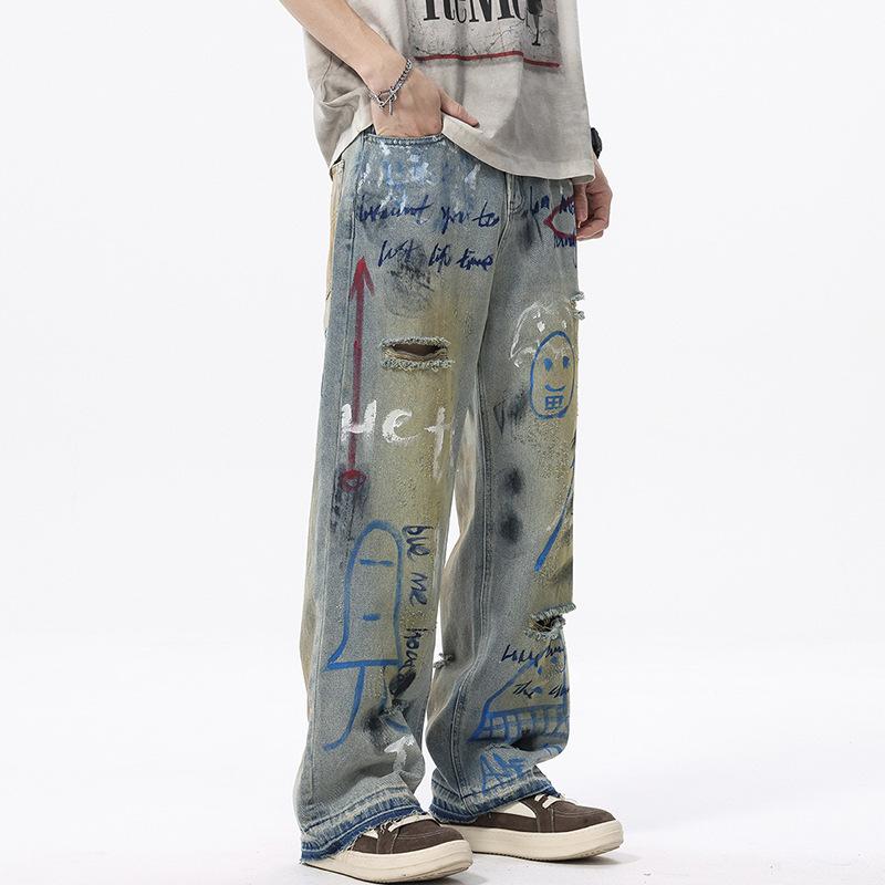 New American Street Graffiti Ripped Painted Jeans Men's Straight Loose Wide Legs