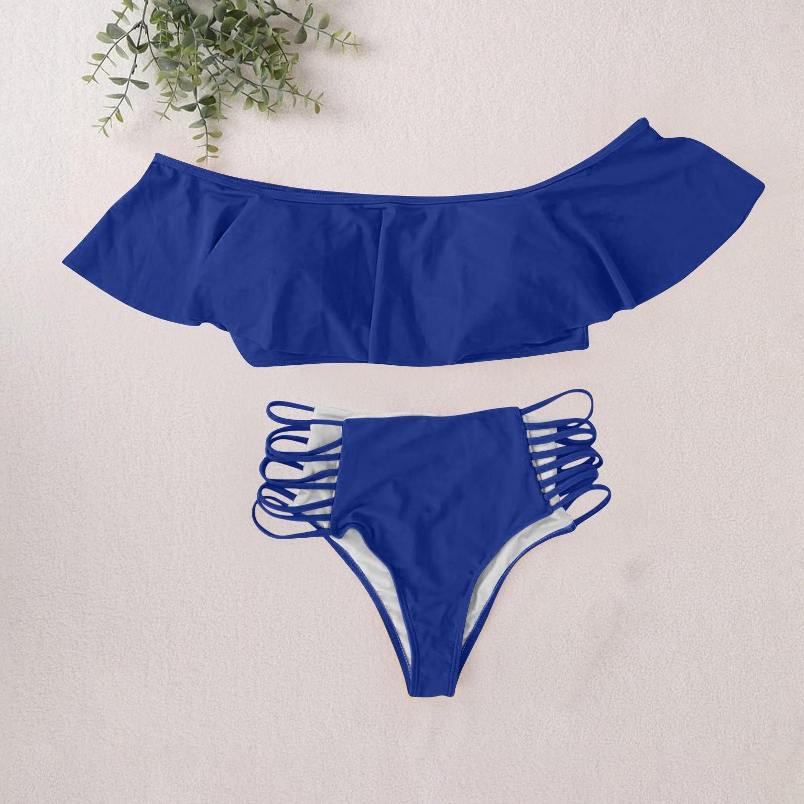 

Женский модный однотонный раздельный купальник с открытыми плечами и оборками, комплект из 2 частей, пляжный купальник-бикини XXXL синий