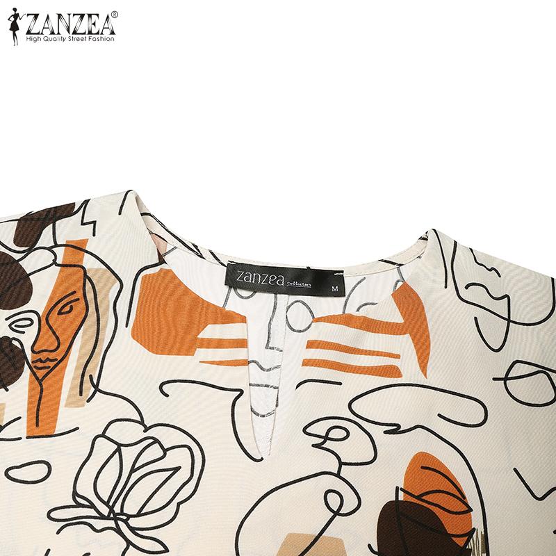 ZANZEA Women Casual V-Neck Short Sleeve Loose Print Dress