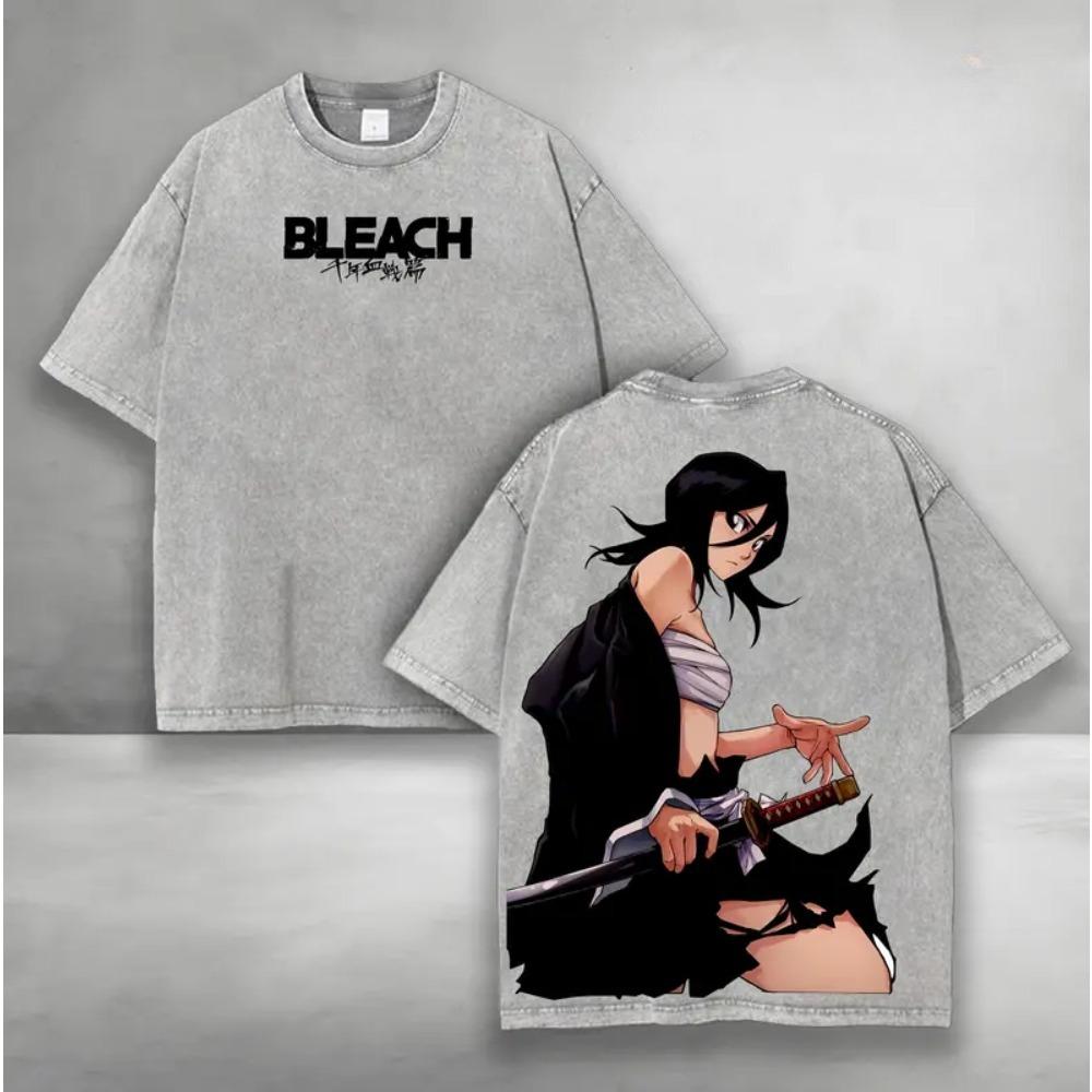 Kuchiki Rukia Print T-shirt Anime BLEACH Clothing Men Women Cotton Tshirts Retro Washed T Shirt Harajuku Male Oversized Tops XXL серый