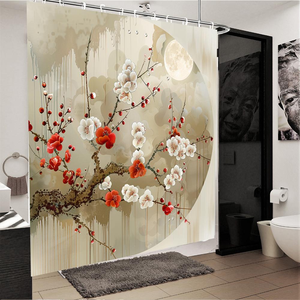 

Charming Plum Blossom & Moon Shower Curtain - Waterproof, Mildew-Resistant with Elegant Floral Design for Serene Bathroom Decor W90XH180cm