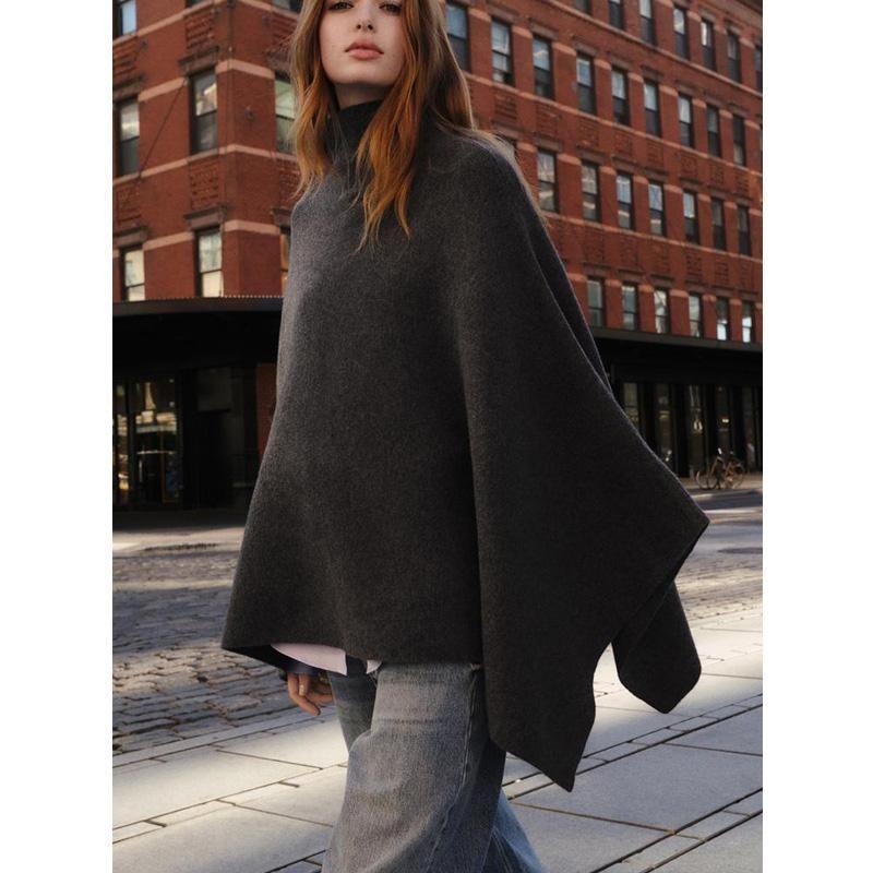 Fall and Winter New Women's Minimalist Retro Blended Fabric Asymmetric Stand Collar Knitting Cape Coat 3739027