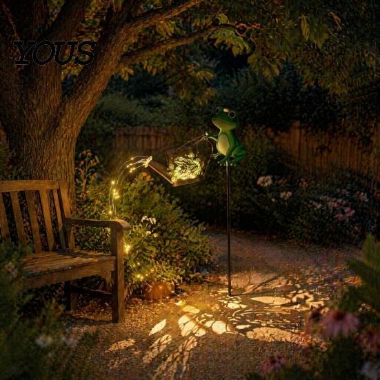 Nature Inspired Outdoor Ornaments Solar Frog Garden Stake Light, Watering Can Shadow Projection Lamp with Metal Landscape Lighting Waterfall LED, Yard
