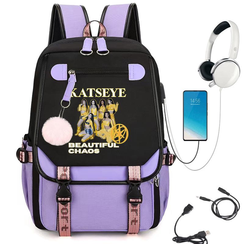 Rucsac Școlar KATSEYE cu Port de Încărcare USB, Bloc de Culori Negru Roz Violet, Rezistent la Apă, Capacitate Mare, Ghiozdan 60123-19